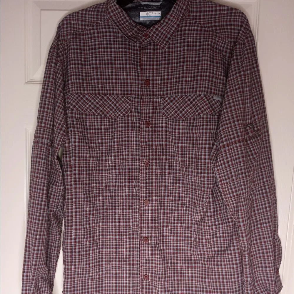 Columbia Omni Shade Sun Protection Mens Large GrayPlaid PocketsButton Up LngSlve